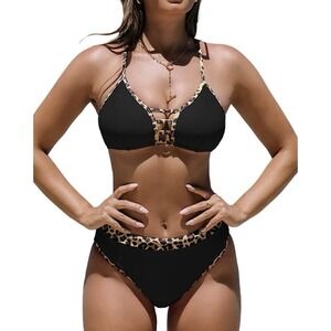 Womens Black Leopard Trim Bikini Set Strappy Back Cutout Top High Cut Bottom XL